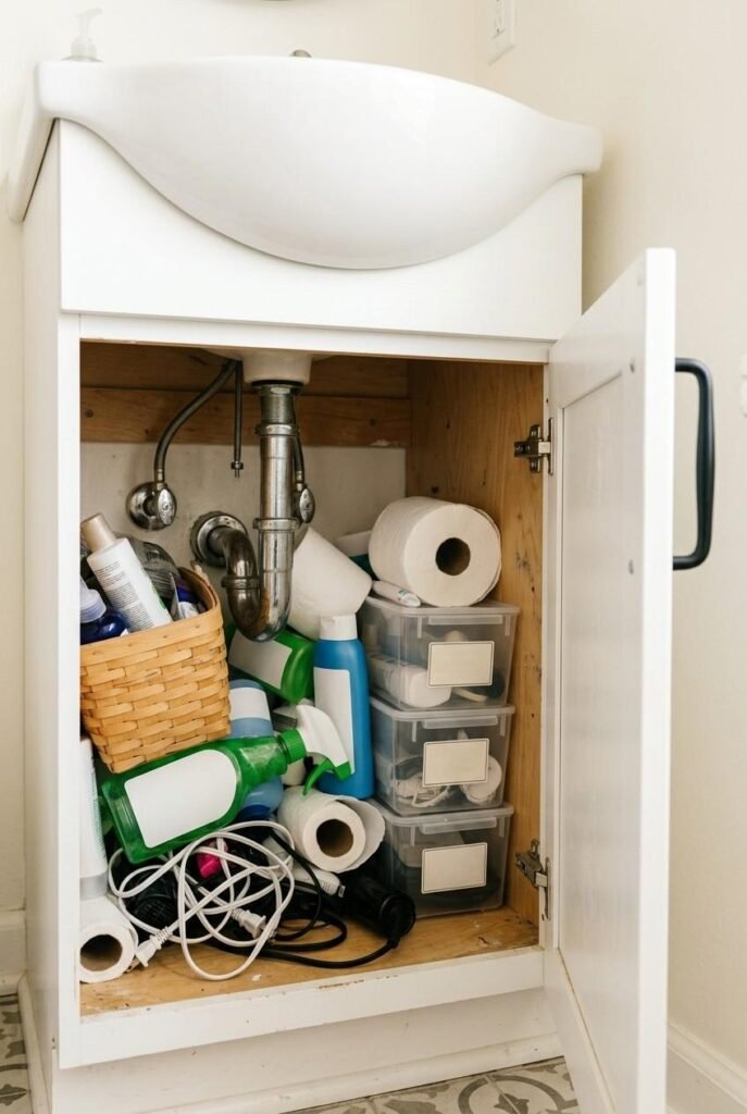 26 Bathroom Storage Ideas Under Sink for a Tidier, Roomier Vanity 2 Cluttered cabinet under a bathroom sink with tipped bottles and tangled items