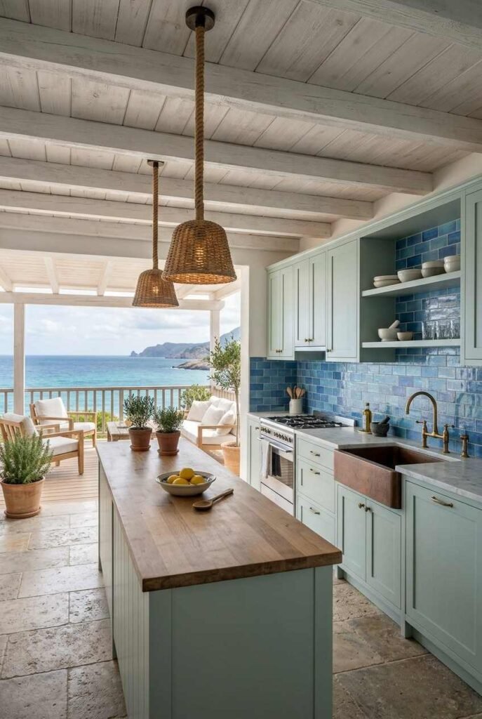 Semi-Outdoor Kitchen Ideas: 30 Covered Designs for Patios, Porches, and Balconies 14 Coastal covered kitchen with white cabinets, blue tile, and rope pendant lights