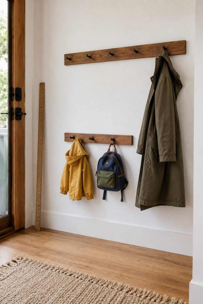 30 Smart Entryway Organization Wall Ideas: for Hooks, Shelves & Storage 4 Entry wall with adult-height and child-height coat hooks showing recommended hook placement