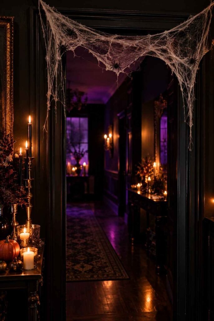 28 Halloween Party Decorations Indoor: Spooky Ideas That Transform Any Room 3 Cotton spider web draped over a doorway with plastic spiders as an indoor Halloween decoration