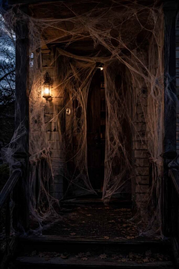 28 Halloween Party Decorations Scary Enough to Terrify Every Guest 3 Front door covered in thin cobwebs and plastic spiders as a scary Halloween party entrance.