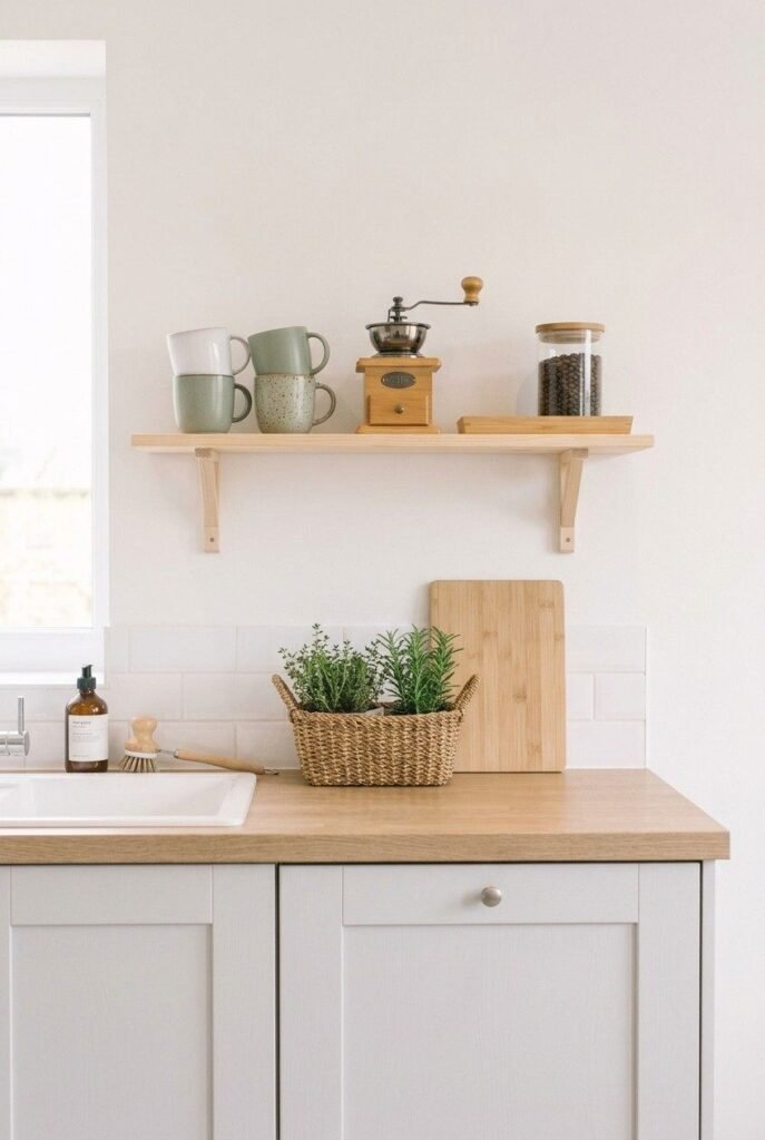 Wood shelf styled as a coffee bar with mugs, a grinder, and a tray