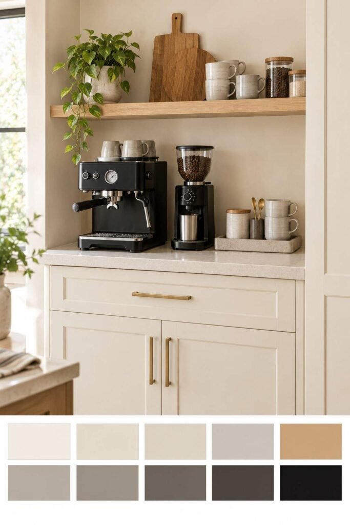 Minimal coffee station with blonde wood shelf and black espresso machine, with a ten-color palette strip below