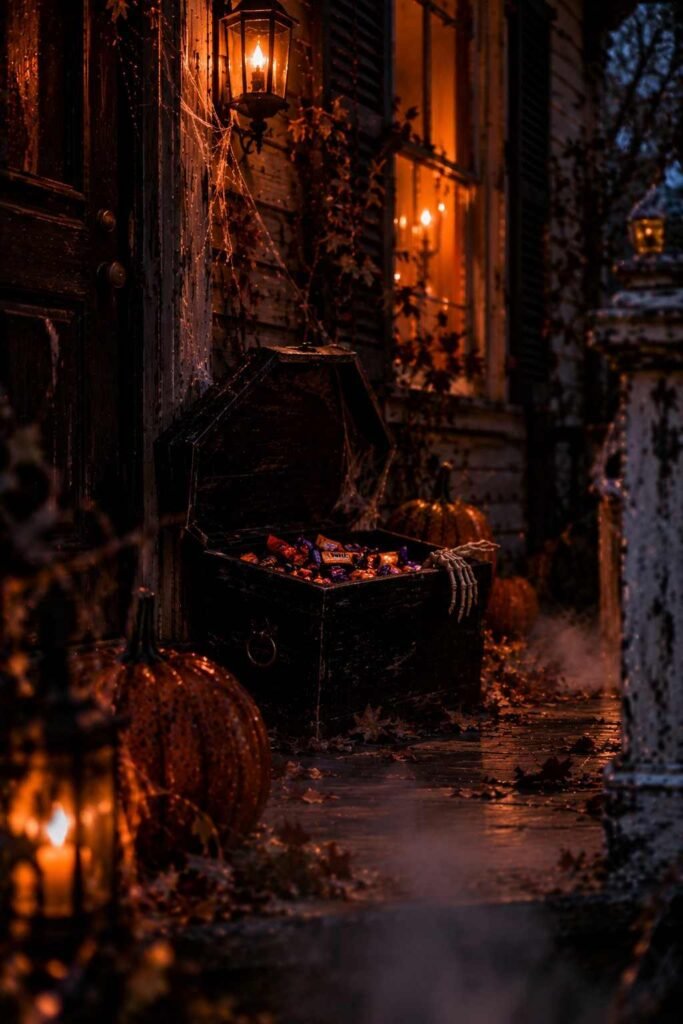 Coffin candy station on a Halloween porch with treats and a skeleton hand.