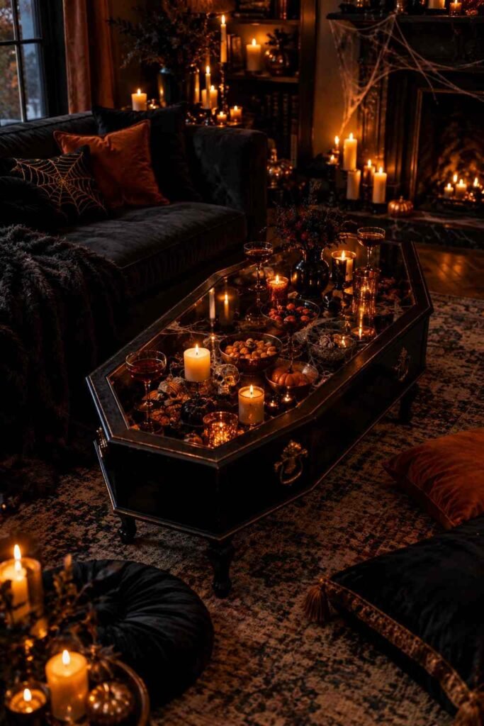 28 Halloween Party Decorations Indoor: Spooky Ideas That Transform Any Room 14 Coffin-shaped coffee table with a glass top holding candy as an indoor Halloween party centerpiece