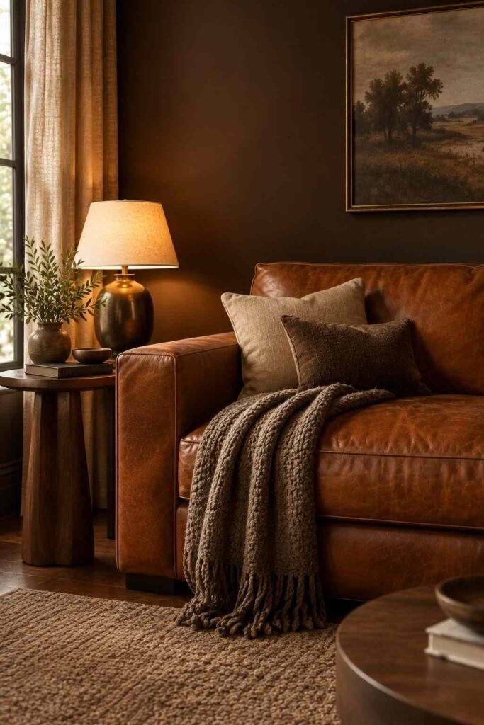 Cognac leather sofa with wool throw against a dark brown living room wall.