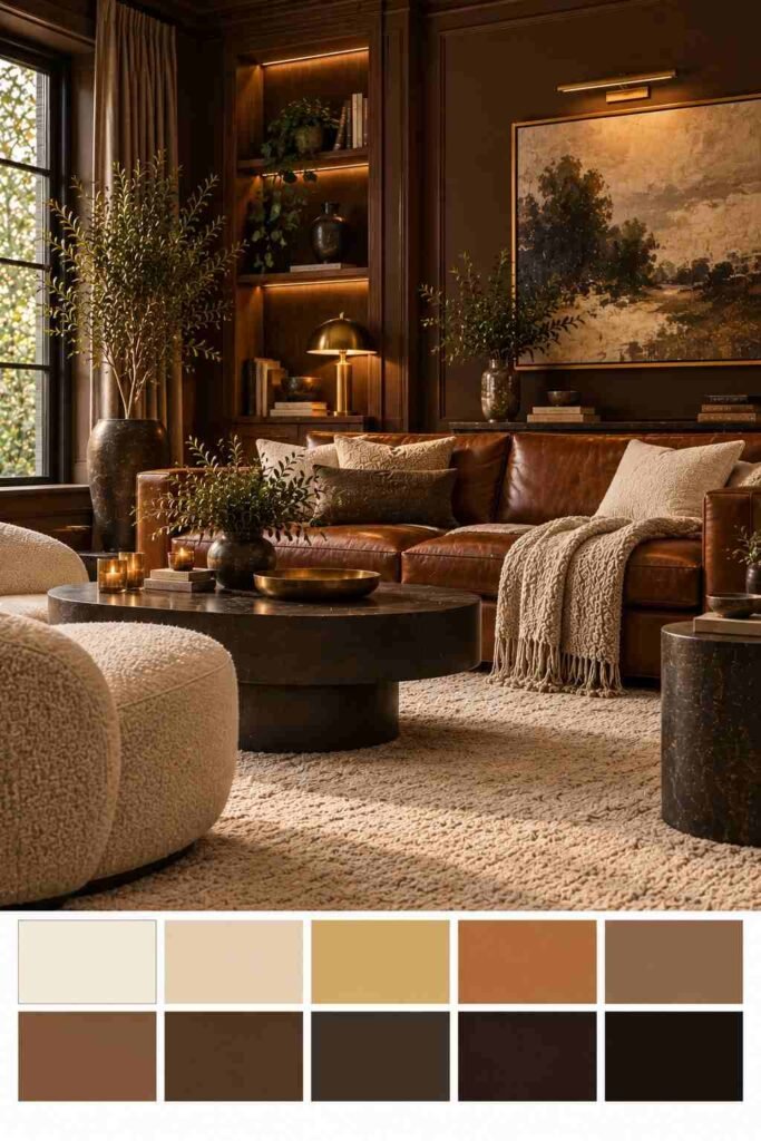 Brown living room with cognac leather sofa and cream rug, with a ten-swatch espresso and cream palette strip