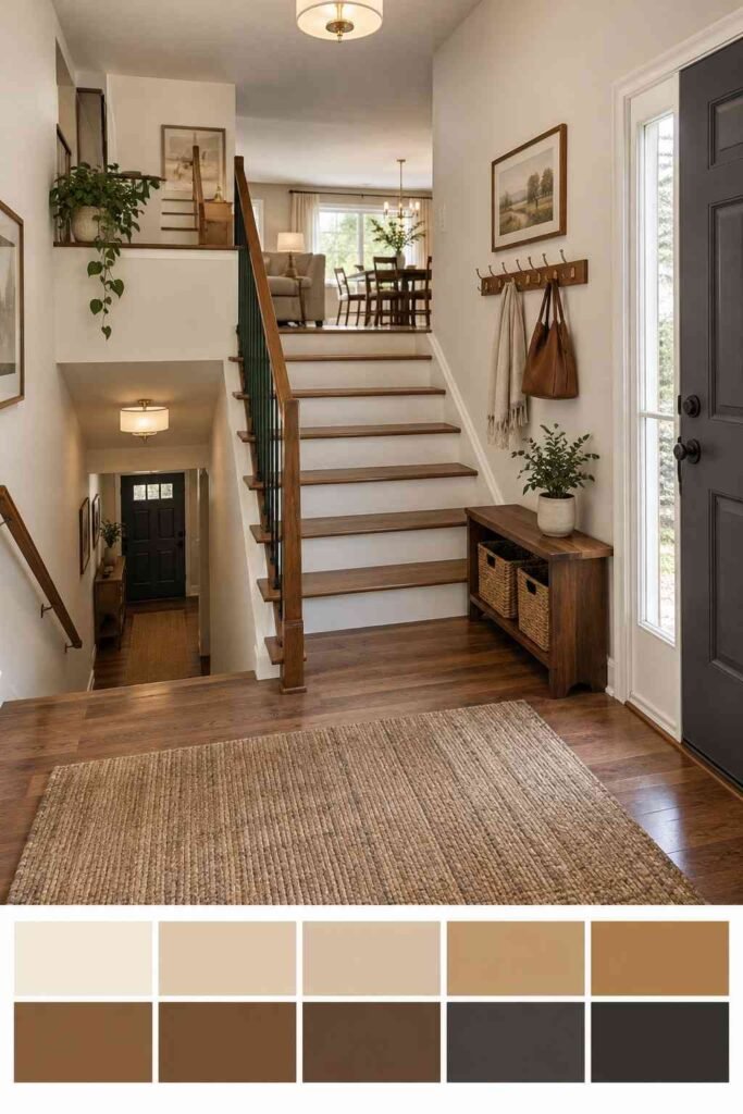 Finished split foyer entryway in warm white, walnut, and brass; swatch strip below shows the room’s colors.