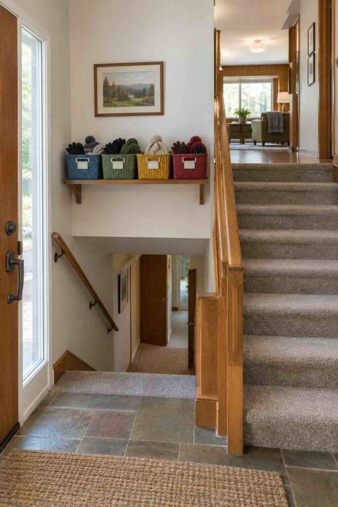 Four color-coded entryway baskets, one per family member, holding gloves and hats.