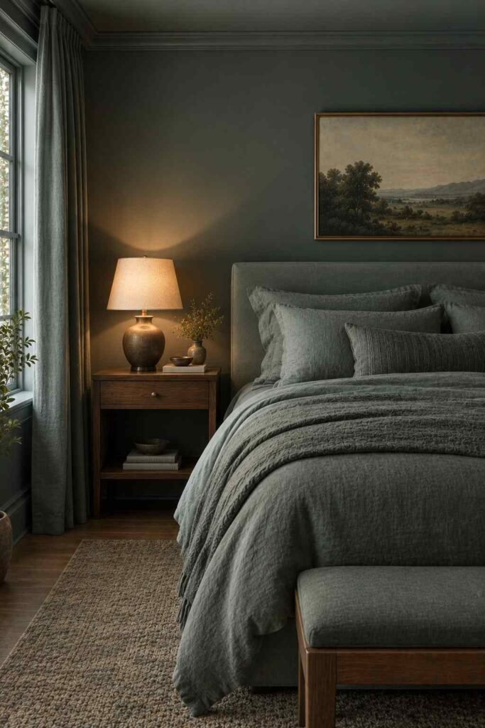 Color-drenched bedroom with walls, trim, and ceiling in one dusty blue-green.