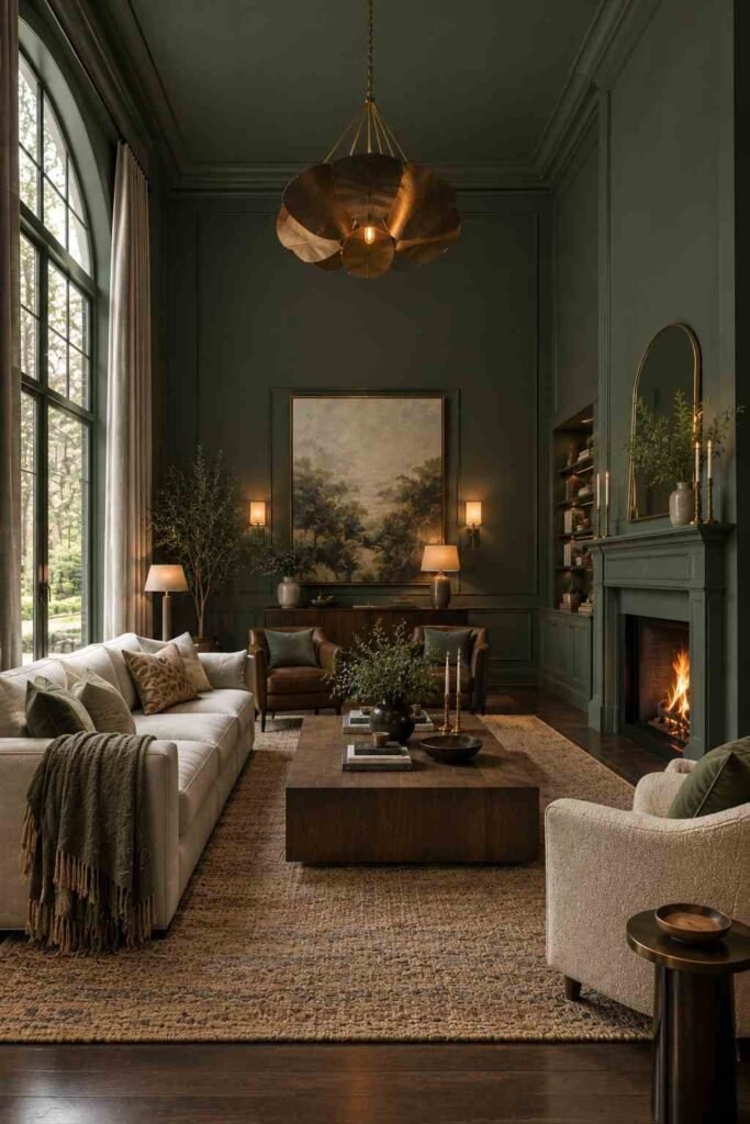 28 Dark Living Room Ideas for High Ceilings That Feel Rich, Not Gloomy (Paint, Lighting & Layout) 6 Color-drenched dark living room with matching walls, trim, and ceiling