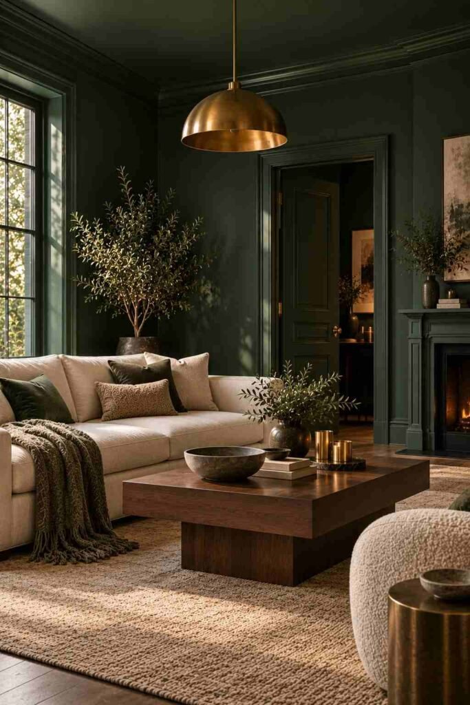 Color drenched living room with walls, trim and ceiling painted one deep slate green