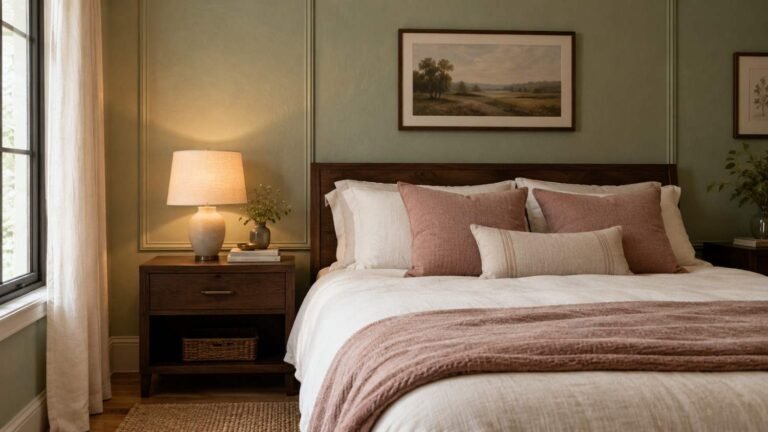color ideas for bedroom walls, Soft sage green bedroom accent wall with warm white bedding and dusty rose pillows