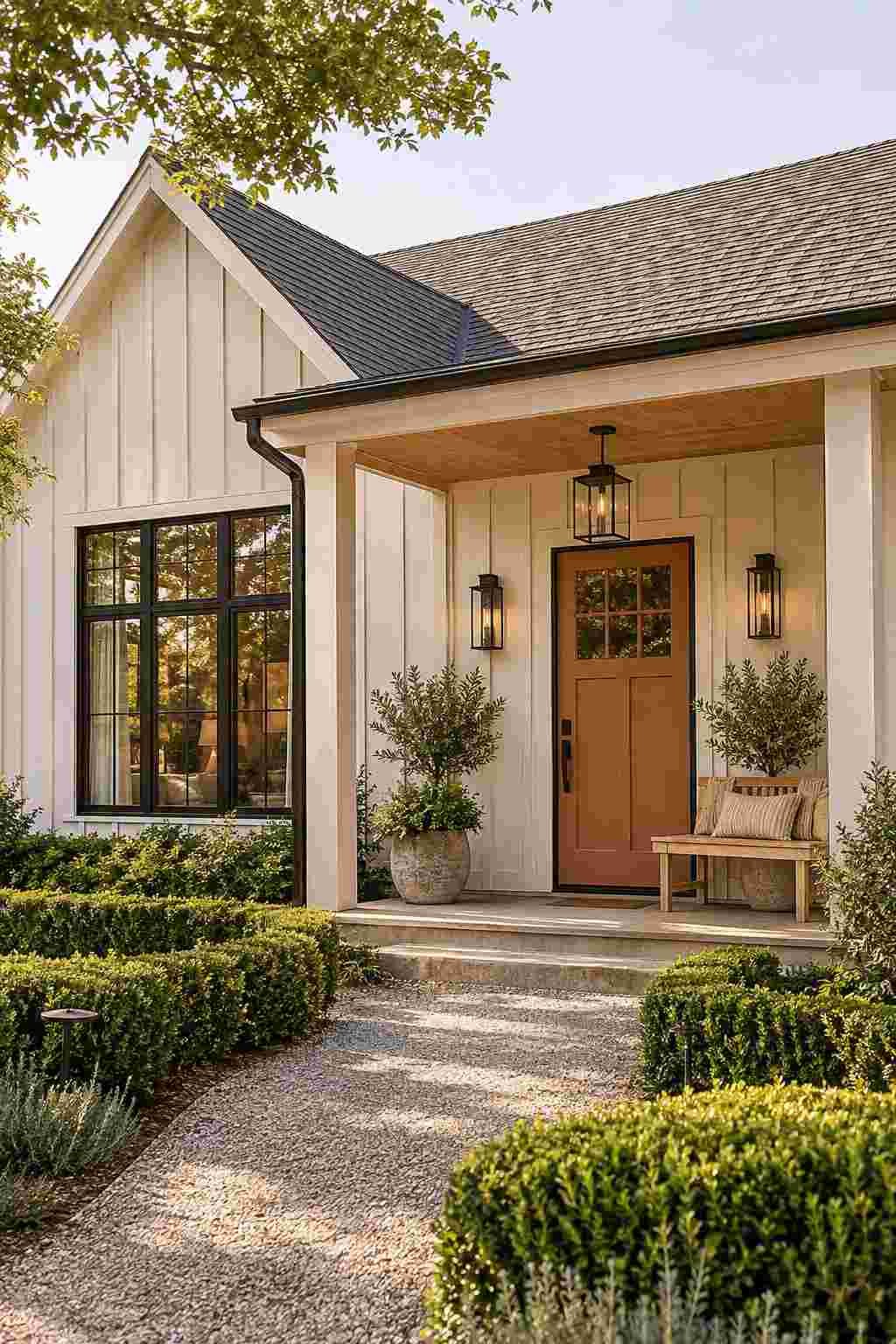 Color Ideas for House Exterior, Warm white farmhouse with charcoal trim and terracotta door, one of the best color ideas for house exterior