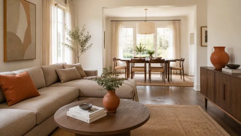 Color ideas for house interior design in a warm neutral living room