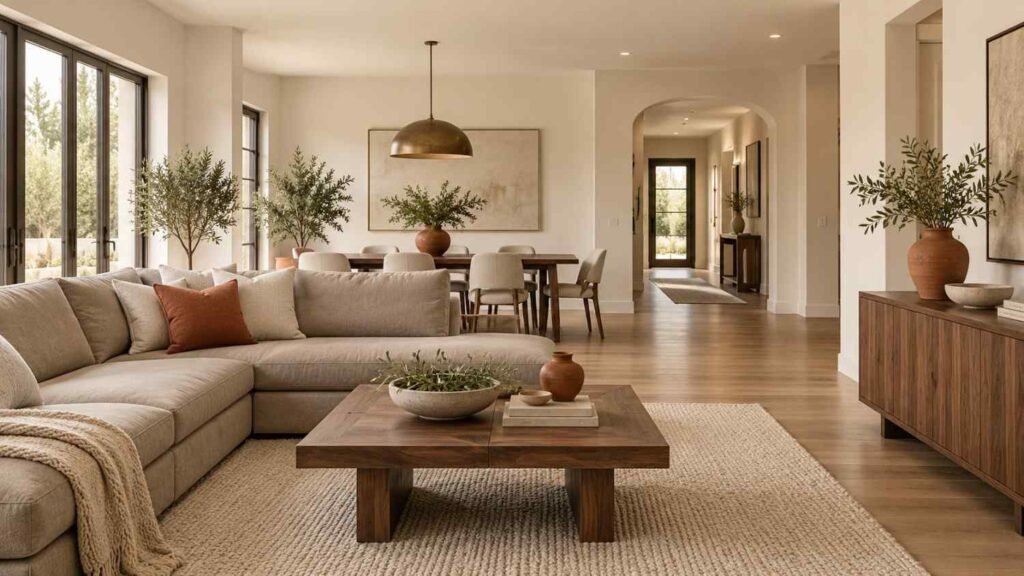 color ideas for house, Warm neutral open-plan living room with taupe sofa and walnut table