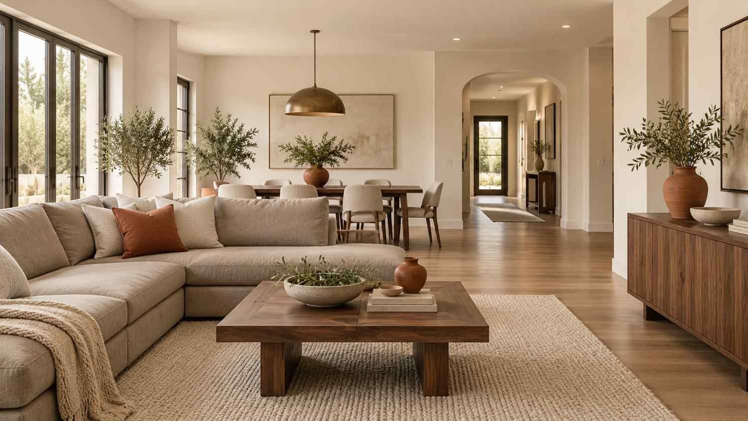 color ideas for house, Warm neutral open-plan living room with taupe sofa and walnut table