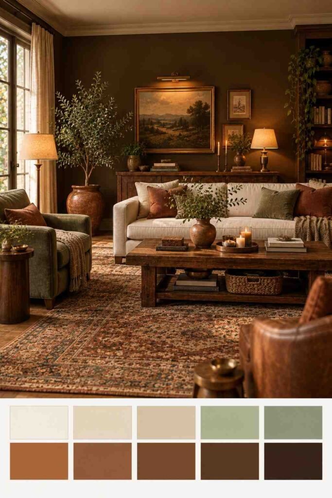 Brown living room with terracotta, sage and warm white accents, plus a ten-color palette strip below.