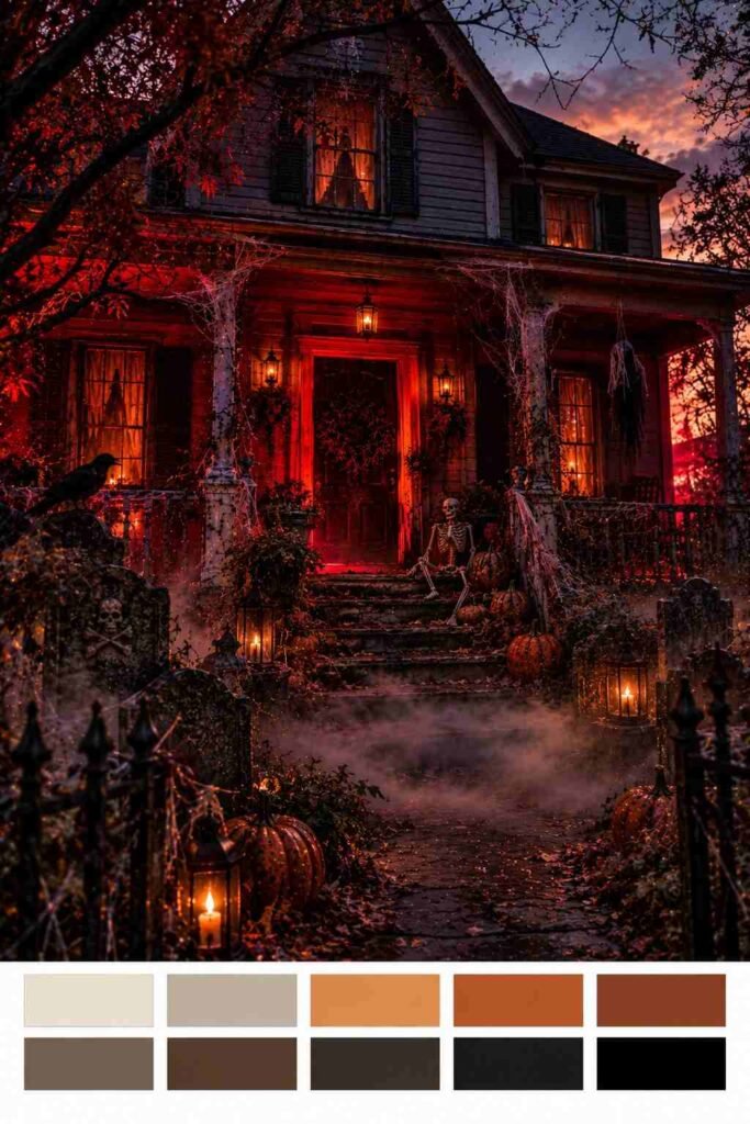 Combined scary Halloween front porch setup with graveyard, fog, and red light, with a ten-color palette strip below.