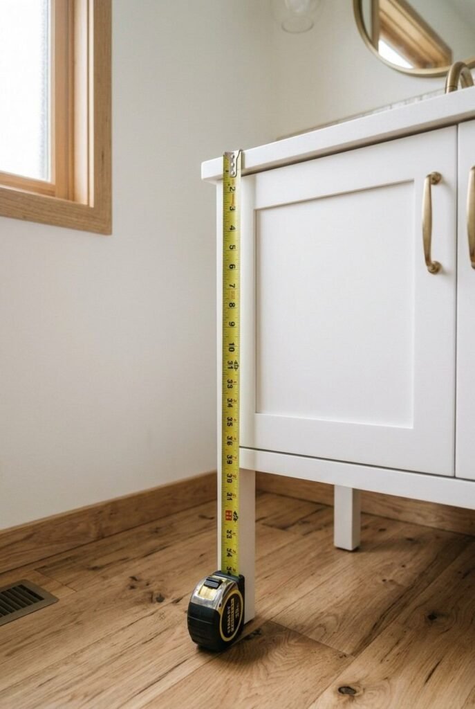 30 Bathroom Vanity Ideas: Single Sink for Small, Medium, and Large Spaces 3 Tape measure checking comfort-height single sink vanity from floor to countertop