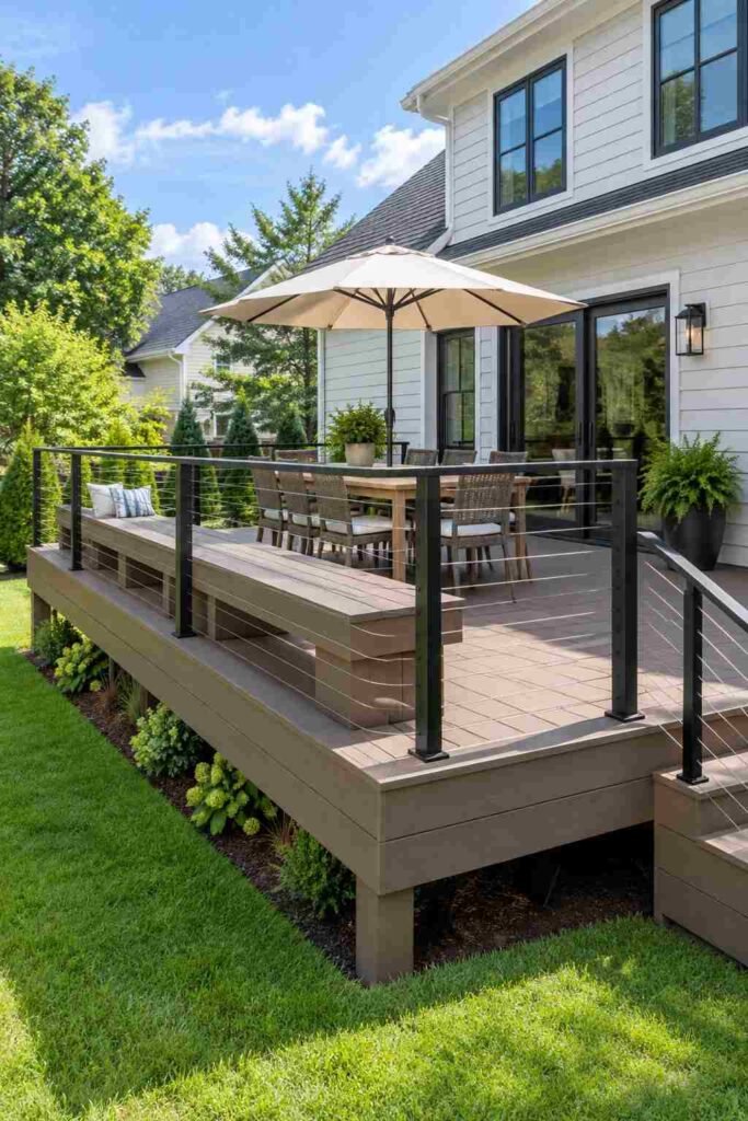 Composite backyard deck with built-in bench and dining set