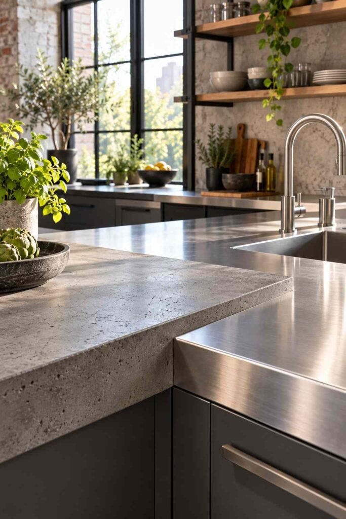Concrete and stainless steel countertops in an industrial kitchen.