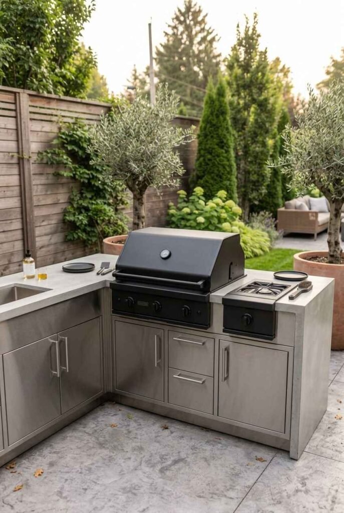Concrete countertop grill island with a matte black grill on a minimalist patio.