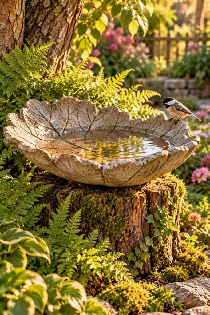 28 Budget-Friendly Outdoor Decorations DIY Garden Projects for Every Season 14 Concrete leaf bowl with vein texture used as a birdbath on a tree stump with a small bird