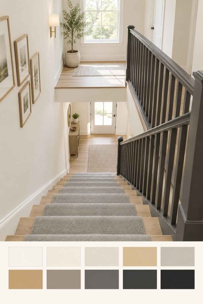 Renovated split foyer staircase with one warm white paint palette on both levels and a color swatch strip at the bottom
