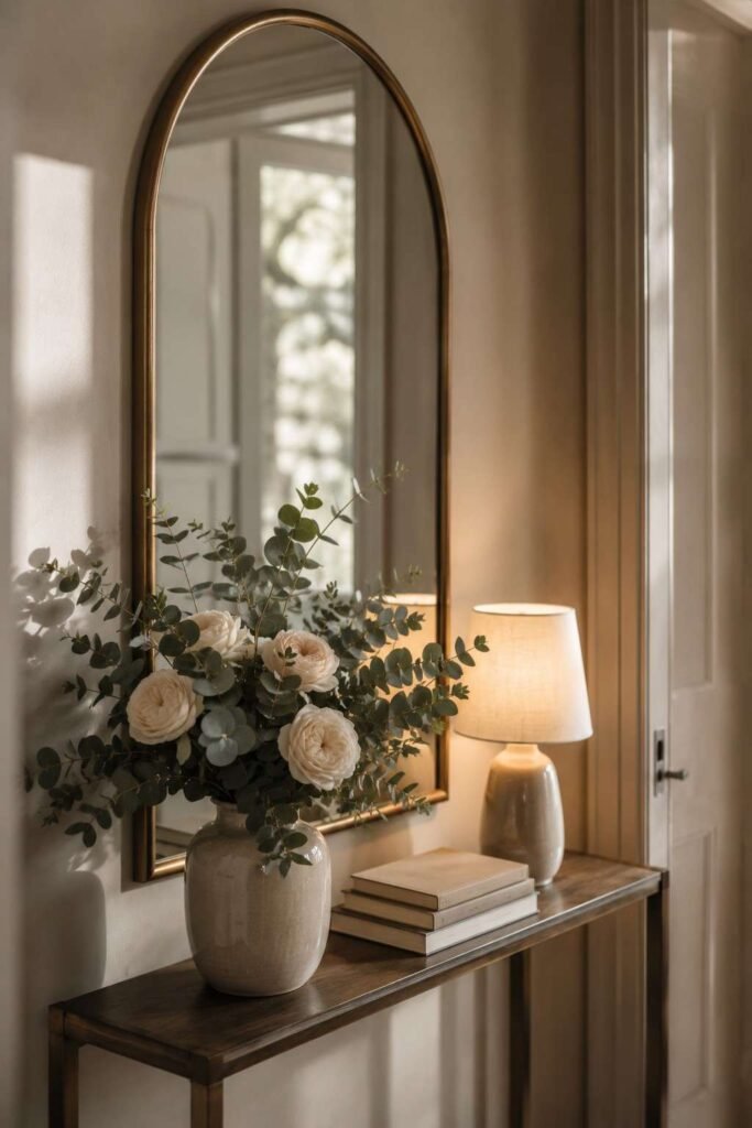 27 Chic Mirror Table Decor with Fresh Flowers Ideas for Home, Weddings, and Parties 7 Console table under an arched mirror with eucalyptus and garden roses in a ceramic vase