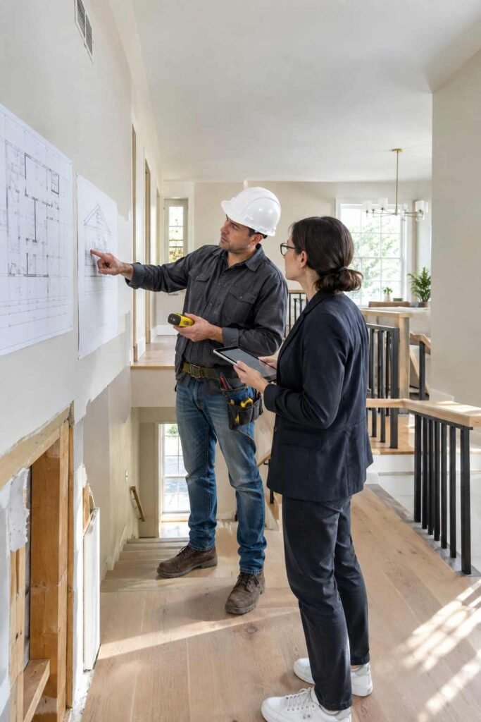 Contractor and engineer inspecting a stairwell wall in a split foyer home before a remodel