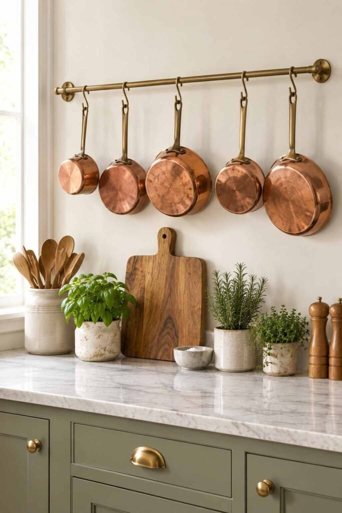 Copper pots hanging on a rail against a cream wall above a counter with a board and herbs