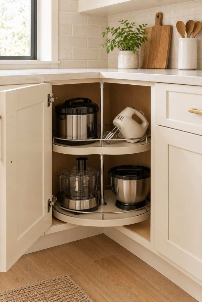 Corner cabinet lazy susan holding a rice cooker and hand mixer