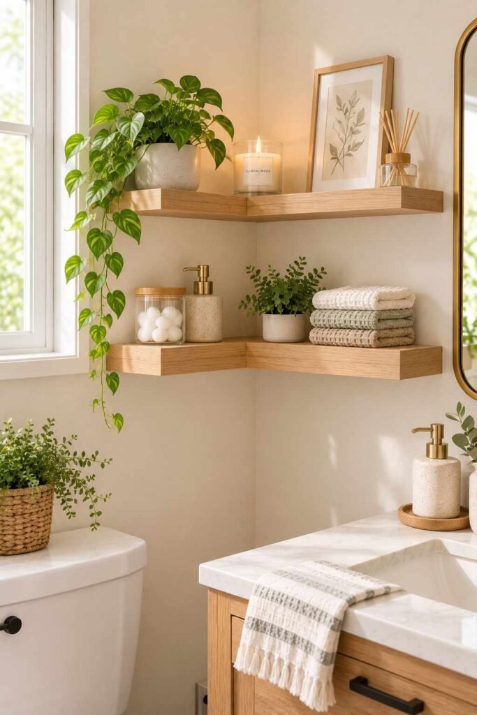 Two staggered corner floating shelves holding a plant, candle, and washcloths.
