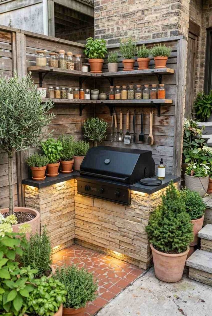 Corner grill nook on a small patio with shelving for tools and spices.