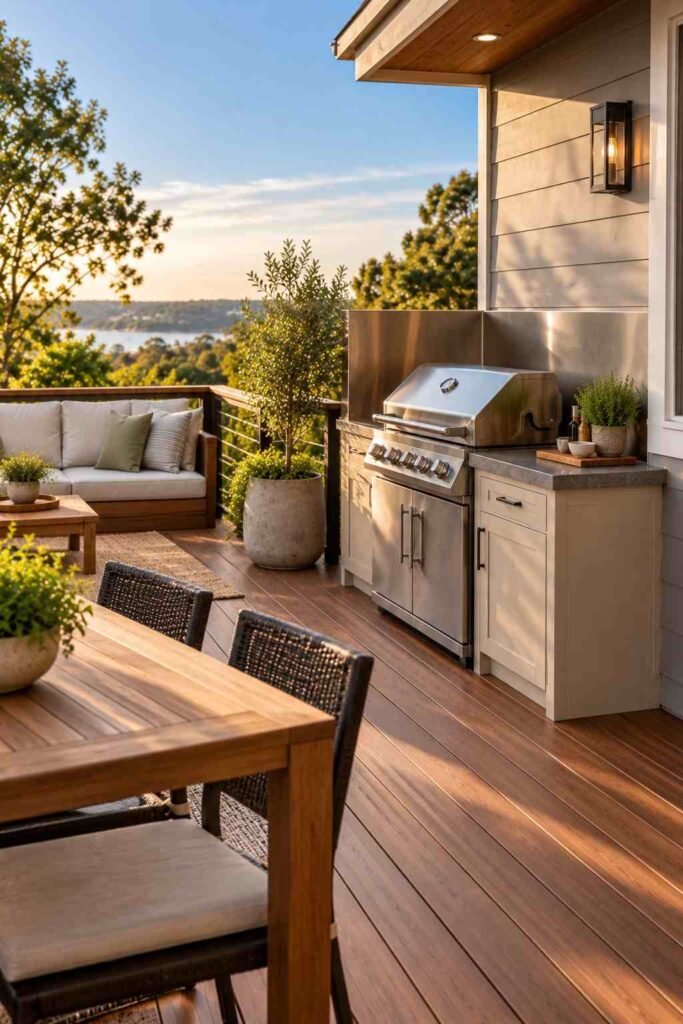 30 Outdoor Kitchen Ideas on Deck: Smart Layouts, Materials for Small, Mid-Size, and Large Spaces 5 Corner grill station with small counter and backsplash on a wooden deck.