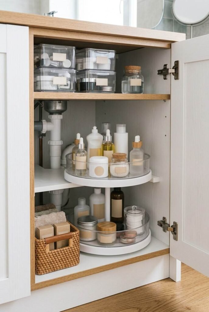 26 Bathroom Storage Ideas Under Sink for a Tidier, Roomier Vanity 11 Rotating lazy Susan tray in a corner bathroom vanity cabinet