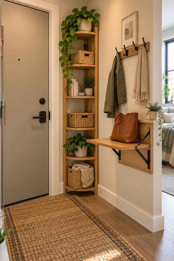 Corner shelf unit and fold-down wall shelf in a studio apartment entry