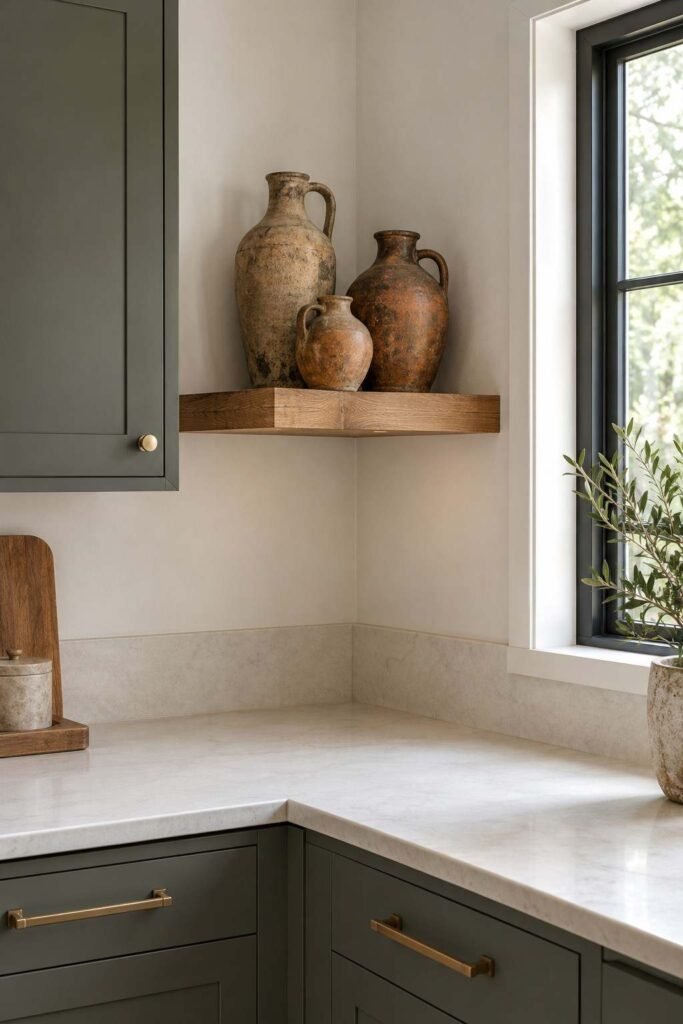 Corner shelf styled with three antique pottery jugs in a modern kitchen