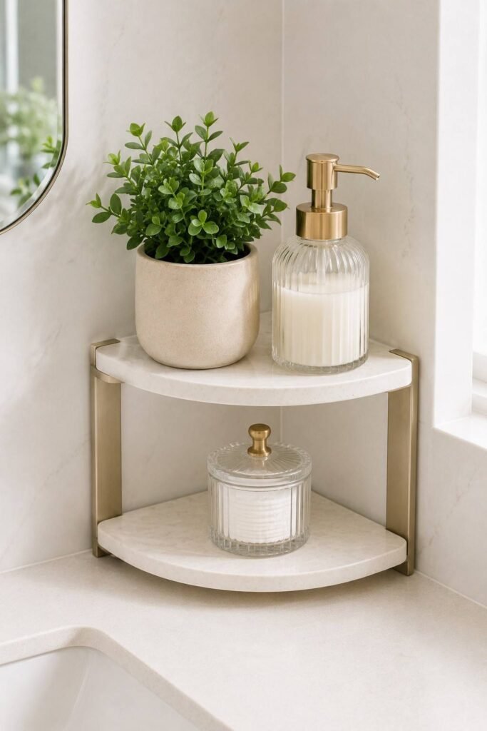 Corner shelf unit on a bathroom counter with a plant, soap pump and jar