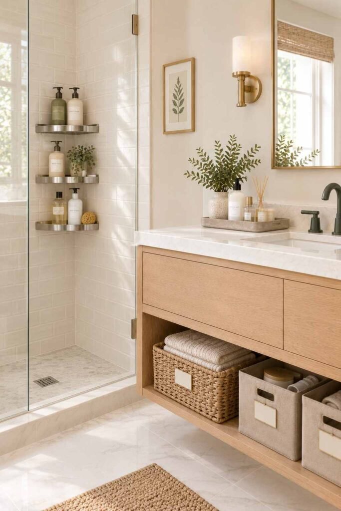 Bathroom Storage Ideas for Toiletries: 30 Smart Ways to Organize Every Space 13 Stainless steel corner shelf holding shampoo and body wash in a shower