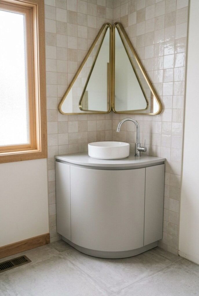 30 Bathroom Vanity Ideas: Single Sink for Small, Medium, and Large Spaces 5 Corner single sink vanity using unused bathroom space with a rounded front