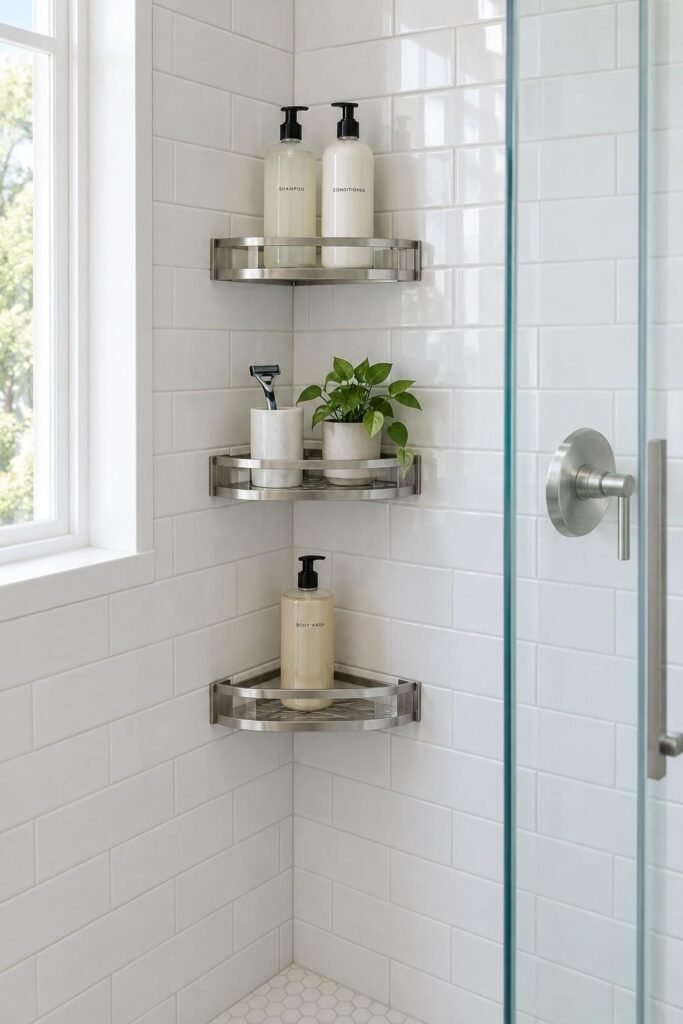Three-tier stainless corner wall shelf holding shampoo and a plant beside a glass shower