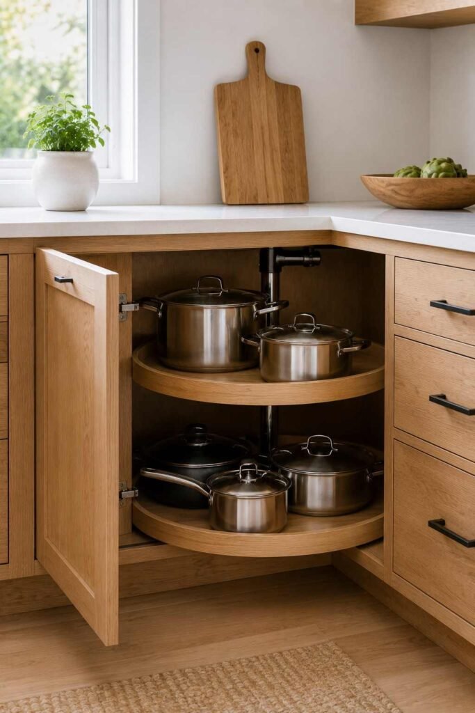 Open wood corner kitchen cabinet with a lazy Susan holding pots