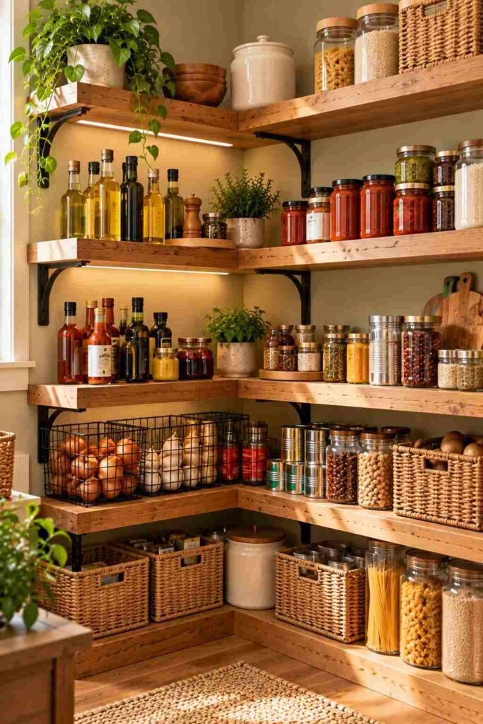 Open Shelving Pantry Kitchen Ideas: 30 Layouts, Storage Tricks and Styling Tips 10 L-shaped corner pantry shelves holding oil bottles and sauce jars.