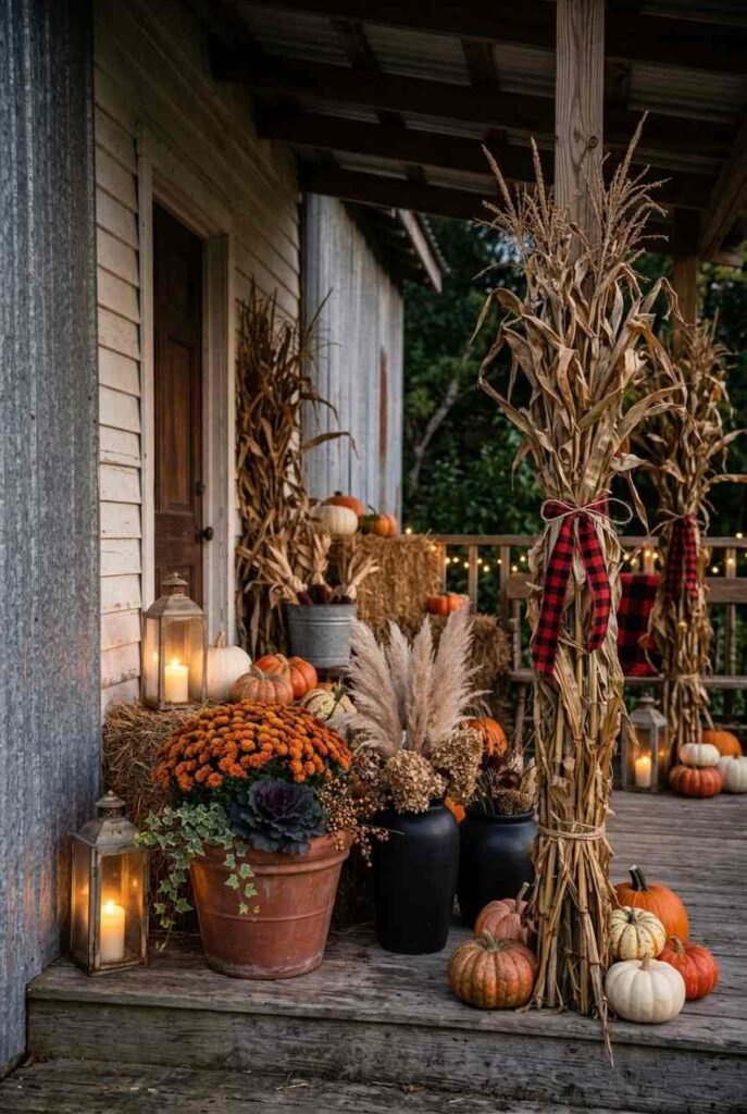 Dried cornstalk bundles tied to farmhouse porch posts with plaid ribbon.