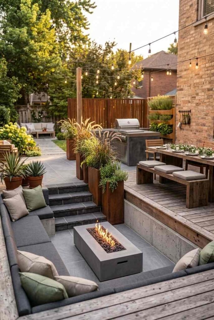 Corten steel planters and screen beside a modern outdoor kitchen with ornamental grasses.