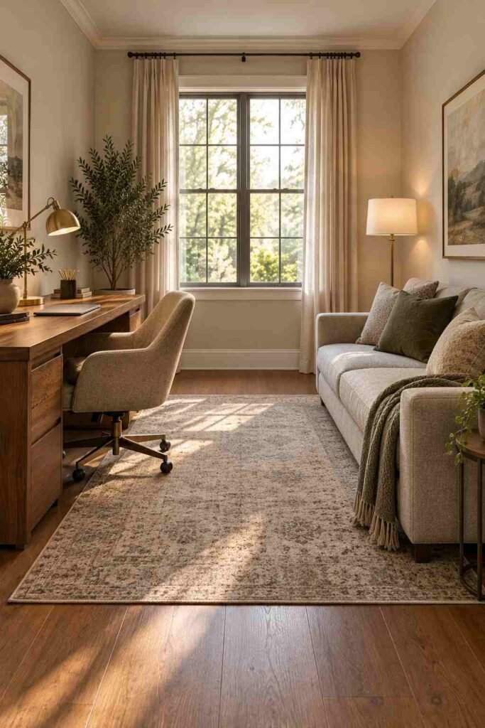 Home office layout with a couch placed opposite the desk and a rug between the two zones