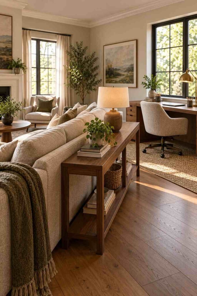 Couch used as a room divider between living area and desk in an open-plan home office