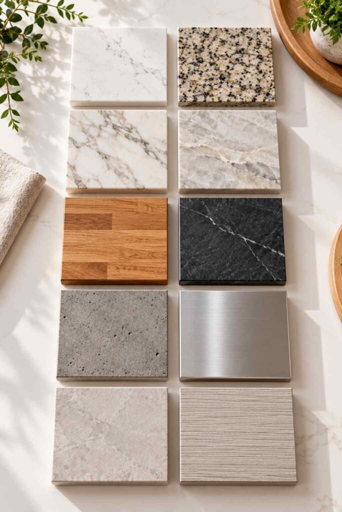 Ten countertop material samples arranged side by side for comparison.